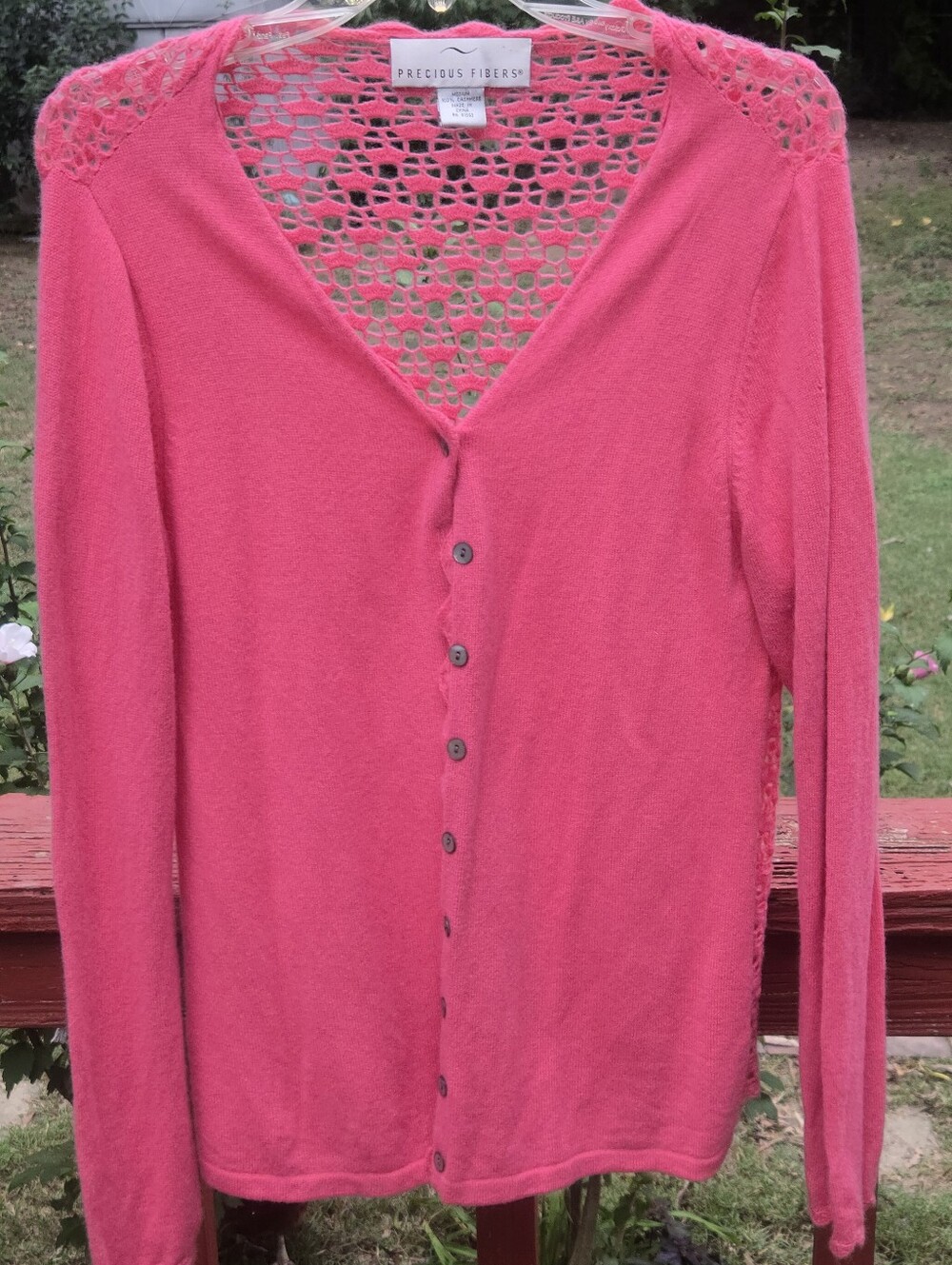Precious Fiber Women's Pink Button-Up Crochet Back Sweater.100% Cashmere Wool